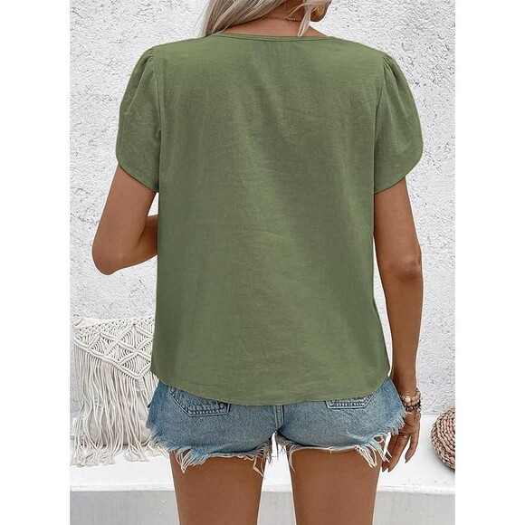 Women's Summer Tops Petal Short Sleeve V Neck Blouses Dressy Casual, Size Large - Picture 3 of 5